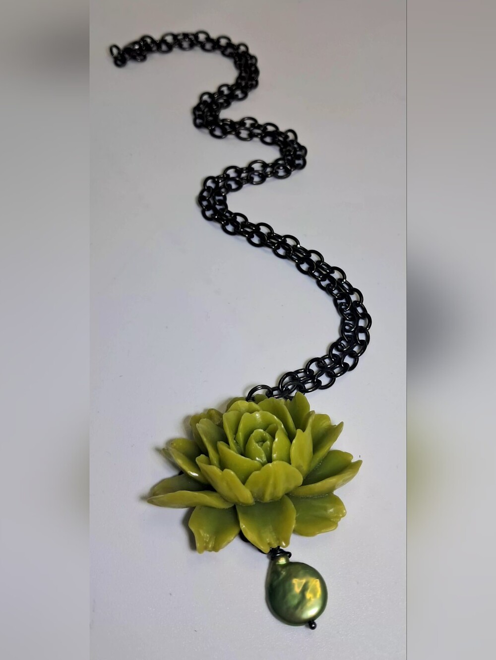 Handmade Green Polymer Clay Succulent Pendant Necklace with Pearl Accent